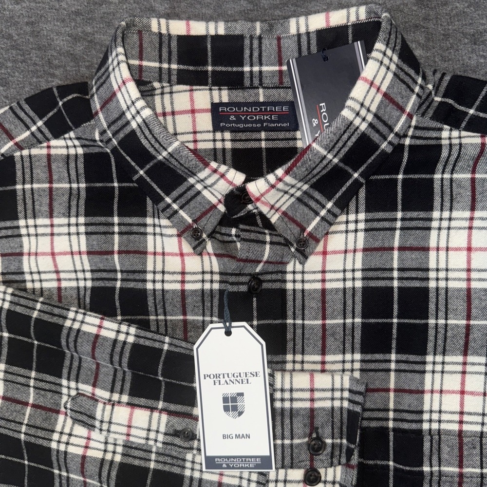 Roundtree & Yorke Men Portuguese Flannel Shirt White Black Red Plaid 2XB NEW $70
